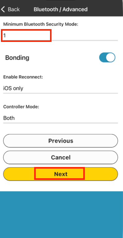 Zebra app with Minimum Bluetooth Security Mode changed to 1, red boxes on the new value and the Next button