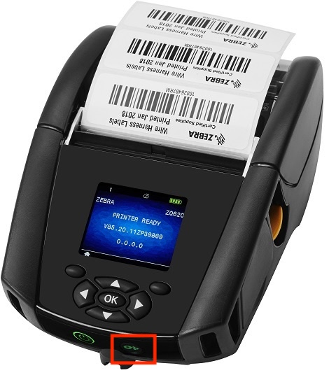 Zebra ZQ620 printer with the round Feed button below the LCD outlined in red