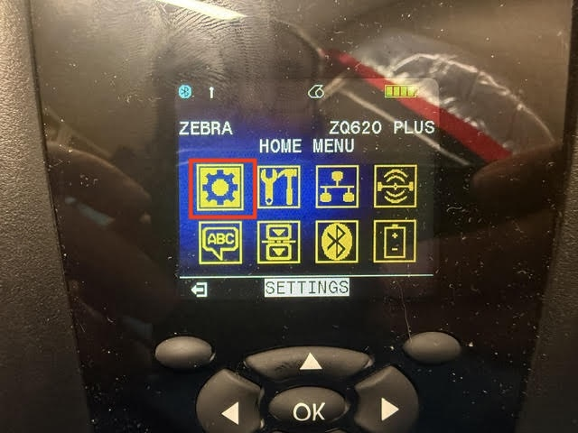 Zebra printer Home Menu with the Settings gear icon highlighted