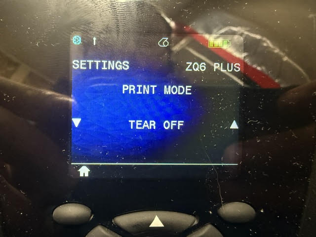 Zebra printer Settings screen with Print Mode set to Tear Off